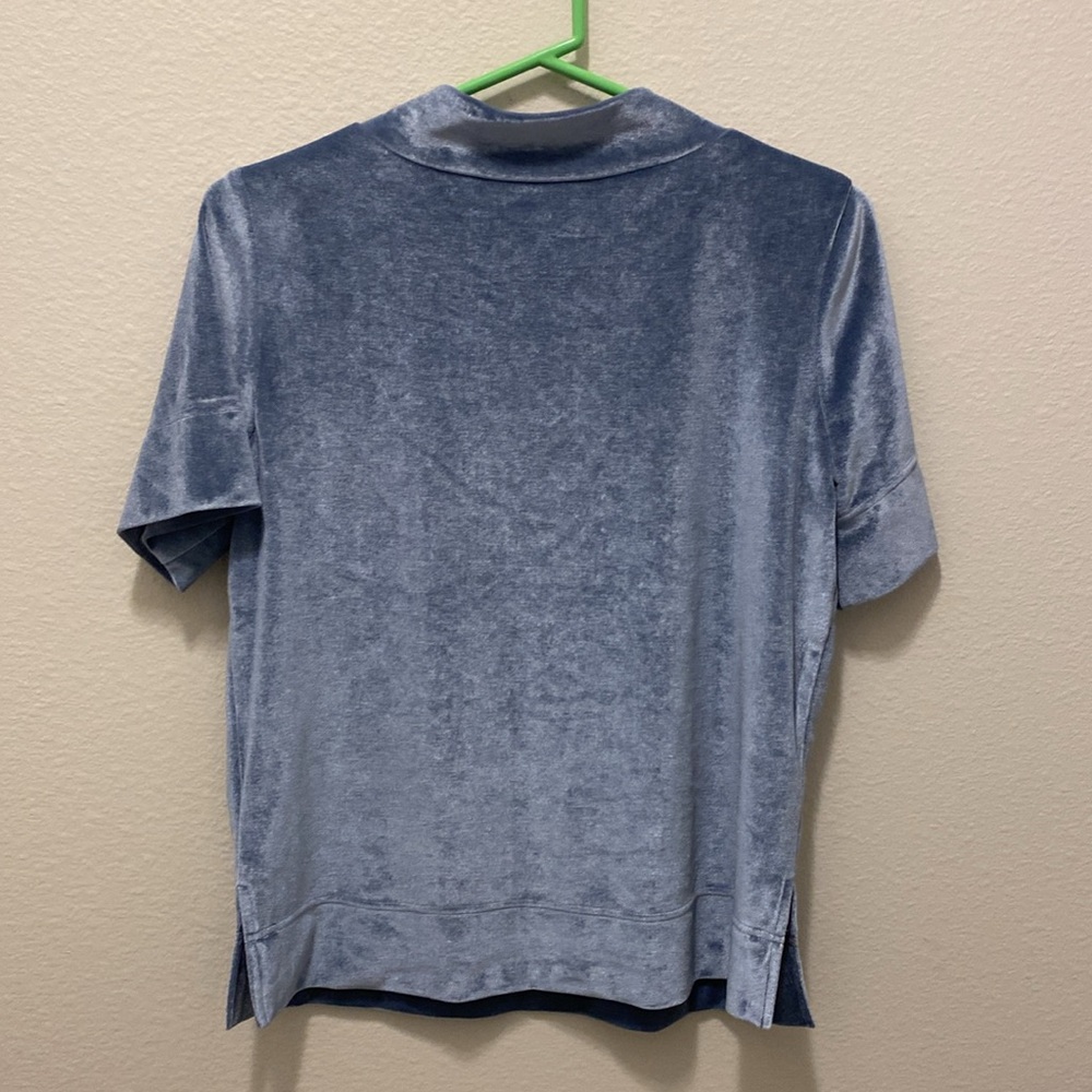 Anthropologie Krisha Velvet Mock Neck Top Blouse Short Sleeves Blue Stre… - Picture 8 of 8